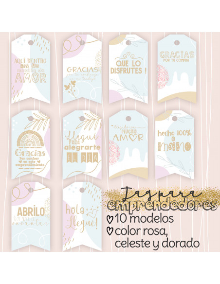 TAG EMPRENDEDORES - ROSA CELESTE Y DORADO