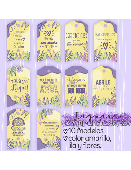 TAG EMPRENDEDORES - LILA AMARILLO Y FLORES