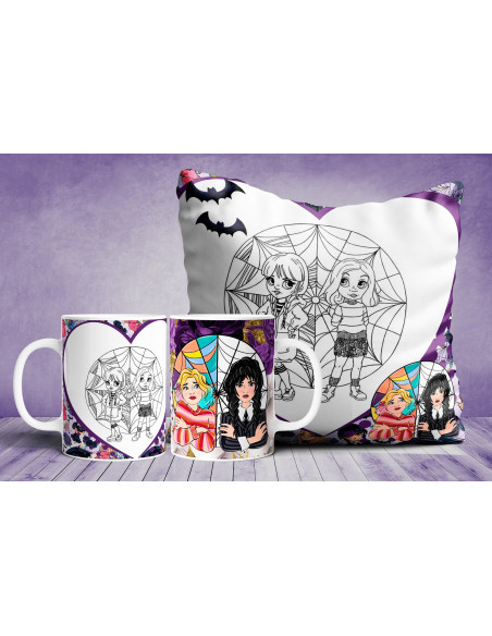 Almohadón + taza merlina colorear/pintar