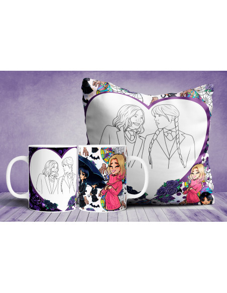 Almohadón + taza merlina colorear/pintar