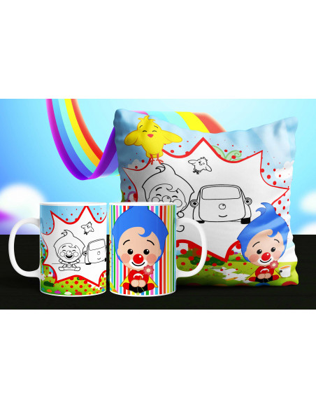 Almohadón + taza payasito plim plim colorear/pintar