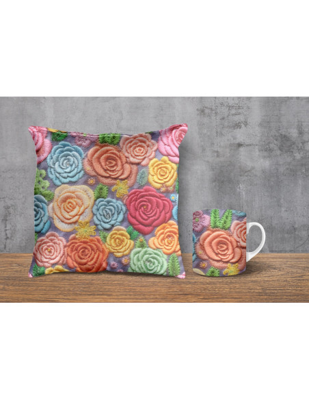 Almohadones + taza fondos floreados tejido
