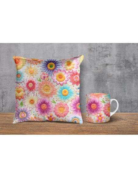 Almohadones + taza fondos floreados tejido