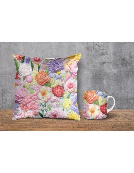 Almohadones + taza fondos floreados tejido