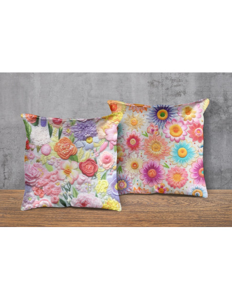 Almohadones + taza fondos floreados tejido