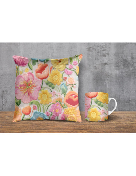 Almohadones + taza fondos floreados tejido