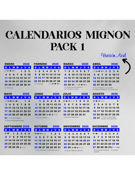 CALENDARIO TIPO MIGNON 2026 COLORES, MES POR MES